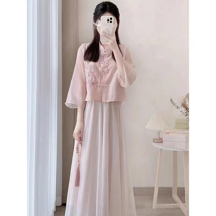Pink National Style New Chinese Style Womens Embroidered Shirt Womens 2023 Summer Loose New Style Top Coat Improved Hanfu Skirt (lined)#5117 (one piece)