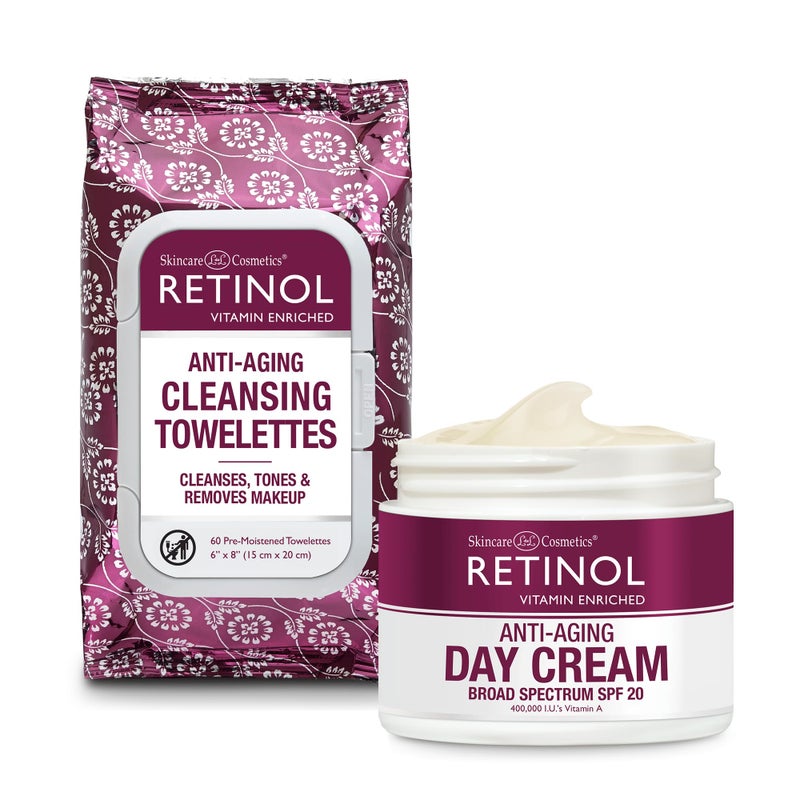 Retinol Women All in One Anti-Aging Cleansing Towelettes + Retinol Anti-Aging Day Cream Broad Spectrum SPF 20 Moisturizes & Reduces the Look of Fine Lines - Image 1