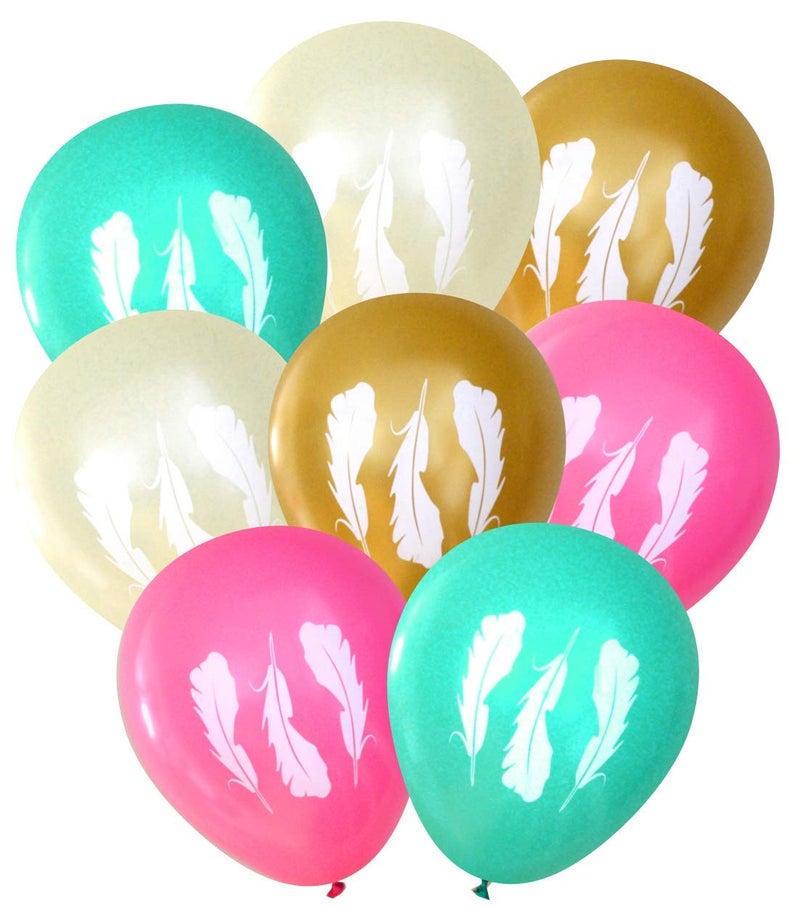 Nerdy Words Feather Latex Balloons (16 pcs) for Tribal Boho Parties by Nerdy Words (Pink, Ivory, Gold, Aqua) - Image 4