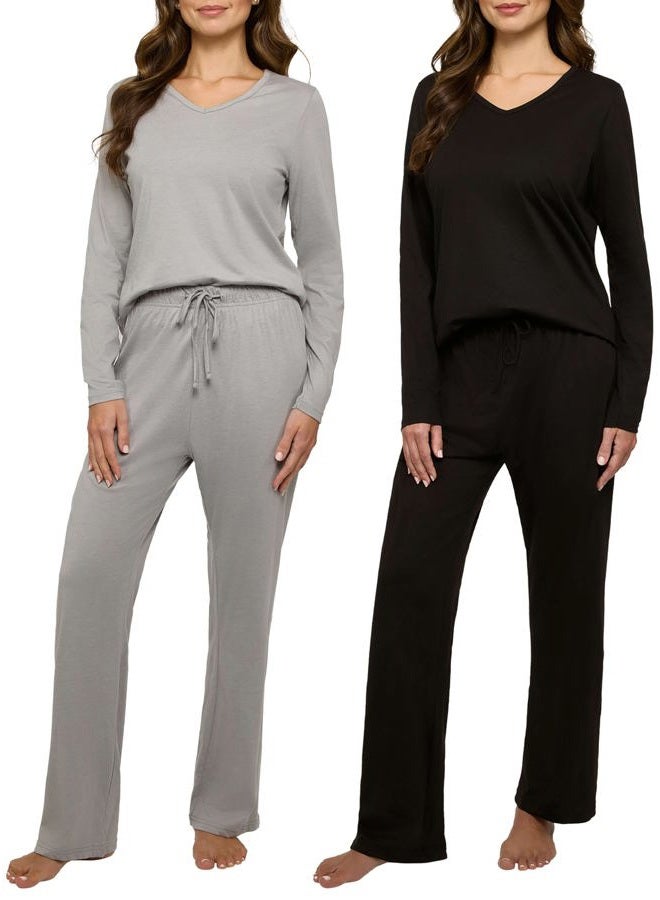 REALESSENTIALS 2 Pack Women's Soft Cotton Long Sleeve Pajama Set with Pants - Lounge Sets for Women (Available In Plus), Set 5, M - Image 1