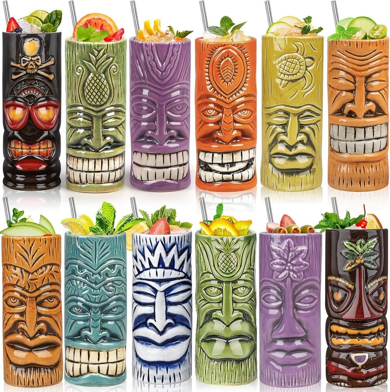 SuproBarware Tiki Mugs Set of 12  Large Cocktail Tiki Glasses Hawaiian Party Cute Exotic Cocktail Glasses Hawaiian Ceramic Mug - Image 1