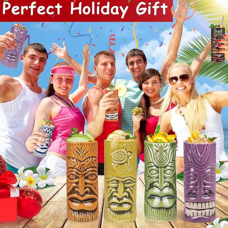 SuproBarware Tiki Mugs Set of 12  Large Cocktail Tiki Glasses Hawaiian Party Cute Exotic Cocktail Glasses Hawaiian Ceramic Mug - Image 5