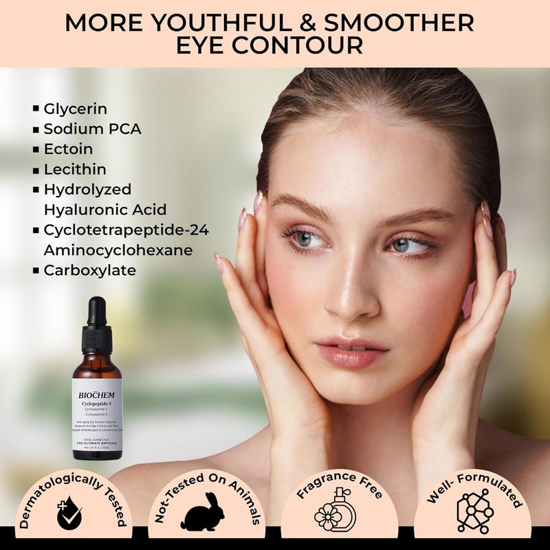 BIOCHEM Cyclopeptide5 AntiAging Eye Contour Ampoule Firming Hydrating Serum with Hyaluronic Acid UnderEye Treatment Reduces Bags Fine Lines Crows Feet 101 fl oz 30 mL - Image 5