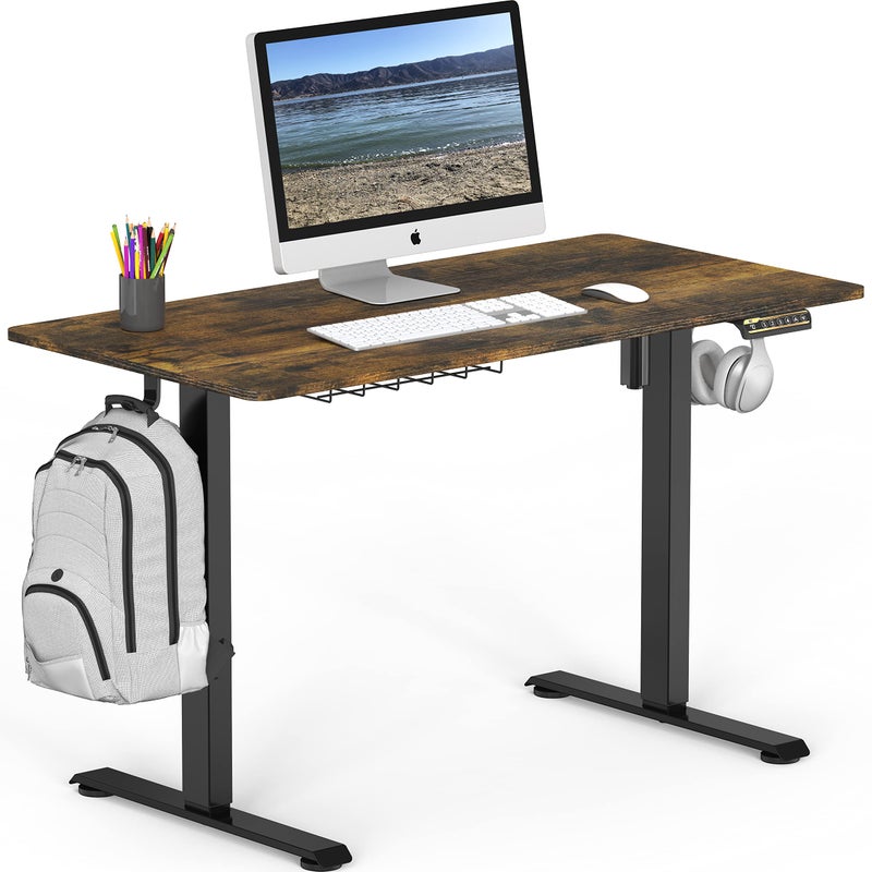 SHW 48Inch Electric Height Adjustable Sit to Stand Desk with Hanging Hooks and Cable Management Black Frame and Rustic Brown Top
