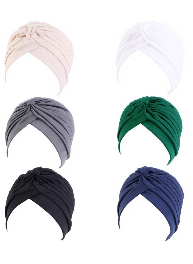 GUSGU 6pcs Turbans for Women Stretch Slouchy Head Beanie Cover Pre-Tied Knot Twisted Pleated Headwrap Headwear, Polyester Assorted Colors - Image 1