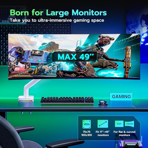 ARES WING Ultrawide Monitor arm for 17-49'' Heavy Duty Screen up to 44lbs, Gas Spring Single Monitor Arm with RGB Light, Adjustable Gaming Computer Monitor Arm for Desk, White - Image 3