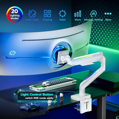 ARES WING Ultrawide Monitor arm for 17-49'' Heavy Duty Screen up to 44lbs, Gas Spring Single Monitor Arm with RGB Light, Adjustable Gaming Computer Monitor Arm for Desk, White - Image 5