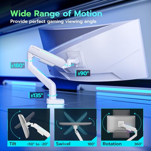 ARES WING Ultrawide Monitor arm for 17-49'' Heavy Duty Screen up to 44lbs, Gas Spring Single Monitor Arm with RGB Light, Adjustable Gaming Computer Monitor Arm for Desk, White - Image 4