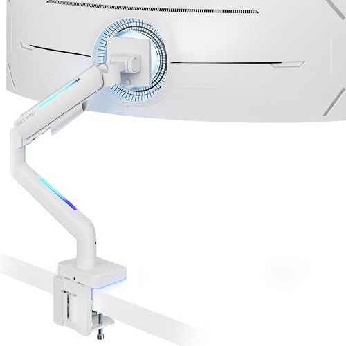 ARES WING Ultrawide Monitor arm for 17-49'' Heavy Duty Screen up to 44lbs, Gas Spring Single Monitor Arm with RGB Light, Adjustable Gaming Computer Monitor Arm for Desk, White - Image 1