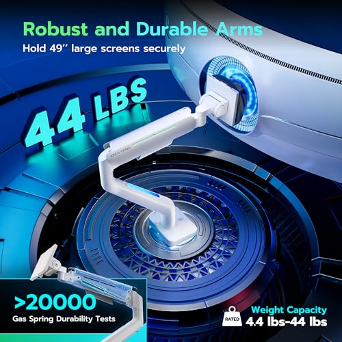 ARES WING Ultrawide Monitor arm for 17-49'' Heavy Duty Screen up to 44lbs, Gas Spring Single Monitor Arm with RGB Light, Adjustable Gaming Computer Monitor Arm for Desk, White - Image 2