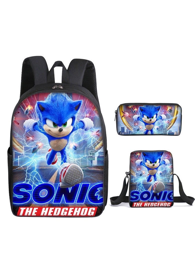 Sonic Primary School Backpack Cartoon Anime Backpack Messenger Bag Pencil Case Three-Piece Set 29*16*42cm