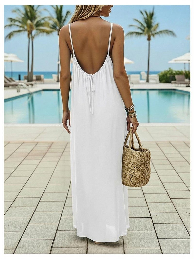 SHENHE Women's Open Back Spaghetti Strap Beach Maxi Dress Loose Flowy Vacation Sundress White Large - Image 2