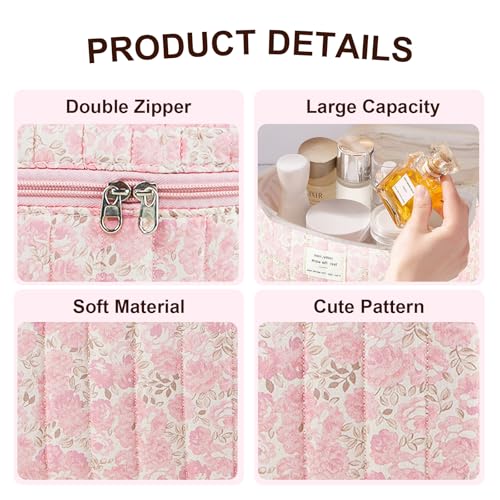 GISMTR Makeup Bag, Floral Quilted Cosmetic Bag, Large Travel Aesthetic Make up Bag, Cute Coquette Toiletry Bag for Women Girls - Image 2