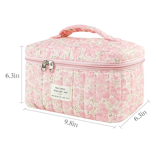 GISMTR Makeup Bag, Floral Quilted Cosmetic Bag, Large Travel Aesthetic Make up Bag, Cute Coquette Toiletry Bag for Women Girls - Image 5