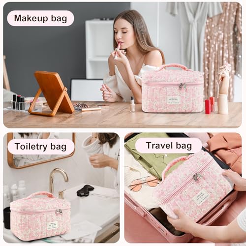 GISMTR Makeup Bag, Floral Quilted Cosmetic Bag, Large Travel Aesthetic Make up Bag, Cute Coquette Toiletry Bag for Women Girls - Image 3