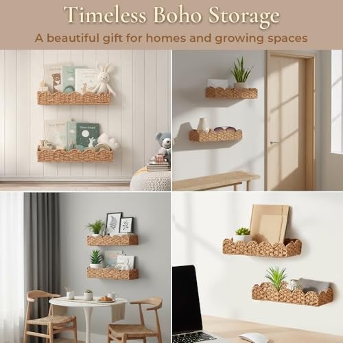 AMILLIARDI Scalloped Rattan Wall Shelf – Floating Bookshelf for Nursery, Bedroom or Living Room – Decorative Shelves, Natural Rattan Wall Shelf for Storage, Nursery Book Shelf & Display 15.8" x 4.5" x 3.2" - Image 5