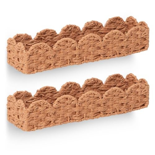 AMILLIARDI Scalloped Rattan Wall Shelf – Floating Bookshelf for Nursery, Bedroom or Living Room – Decorative Shelves, Natural Rattan Wall Shelf for Storage, Nursery Book Shelf & Display 15.8" x 4.5" x 3.2" - Image 1