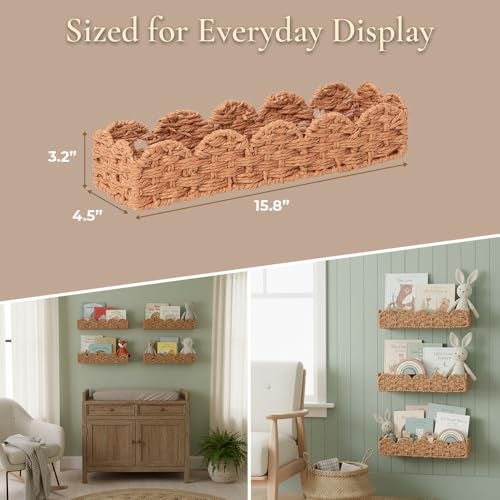 AMILLIARDI Scalloped Rattan Wall Shelf – Floating Bookshelf for Nursery, Bedroom or Living Room – Decorative Shelves, Natural Rattan Wall Shelf for Storage, Nursery Book Shelf & Display 15.8" x 4.5" x 3.2" - Image 4