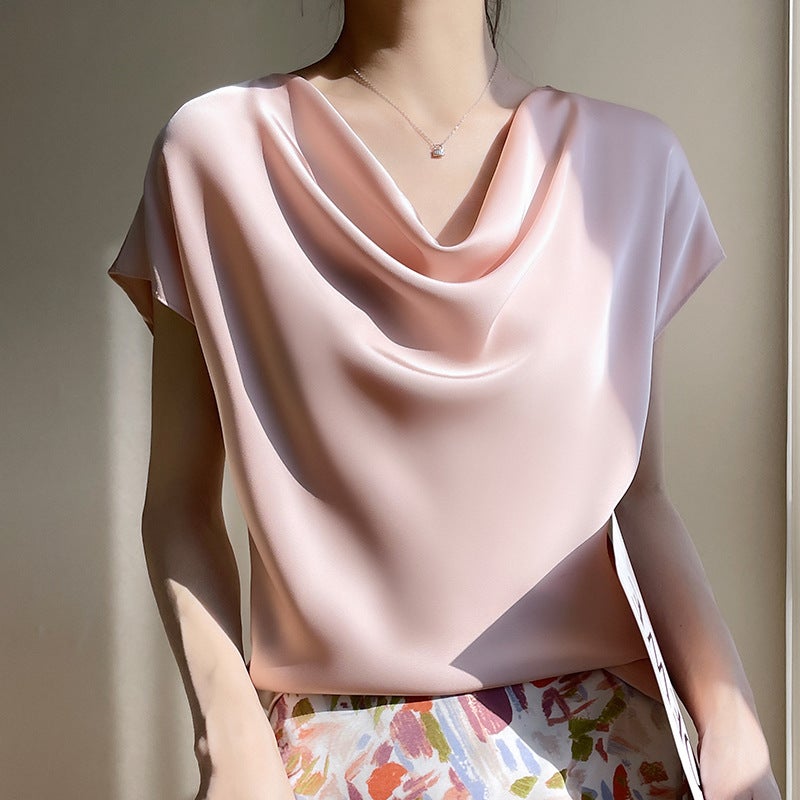 Silk Silk 2023 Summer New Women's French Style Elegant Satin T-shirt Large Size All-match Pile Collar Short-sleeve T-shirt - Image 1