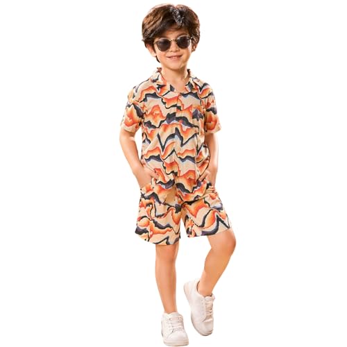 superminis Boys Co-Ord Set Rayon Shirt & Shorts Set | Printed Summer Coord Set for Boys | Casual Outfit with Pockets | Comfortable Kids Matching Set (5-6 Years, Cream) - Image 1