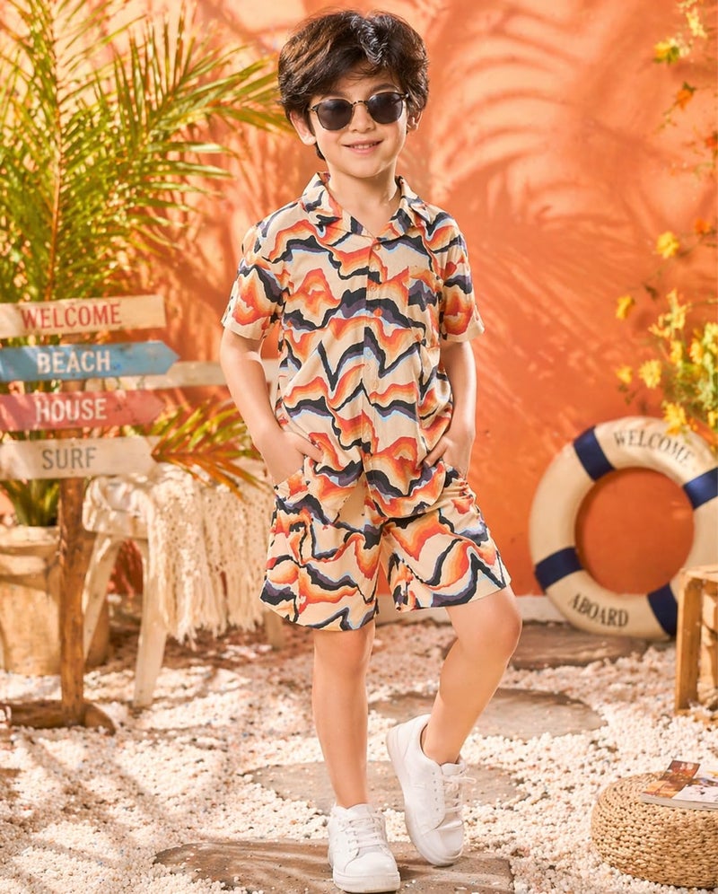superminis Boys Co-Ord Set Rayon Shirt & Shorts Set | Printed Summer Coord Set for Boys | Casual Outfit with Pockets | Comfortable Kids Matching Set (5-6 Years, Cream) - Image 2