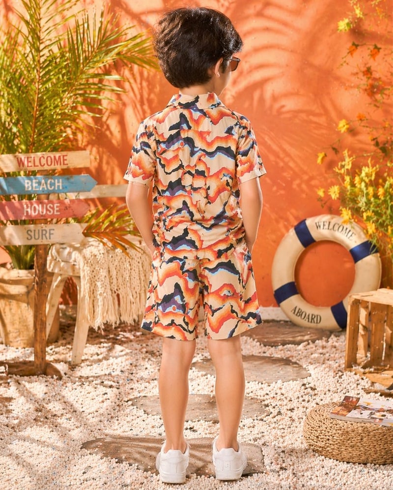 superminis Boys Co-Ord Set Rayon Shirt & Shorts Set | Printed Summer Coord Set for Boys | Casual Outfit with Pockets | Comfortable Kids Matching Set (5-6 Years, Cream) - Image 5