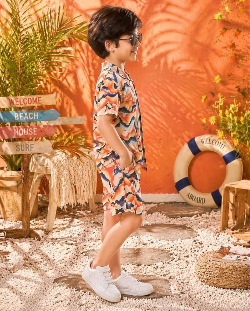 superminis Boys Co-Ord Set Rayon Shirt & Shorts Set | Printed Summer Coord Set for Boys | Casual Outfit with Pockets | Comfortable Kids Matching Set (5-6 Years, Cream) - Image 3