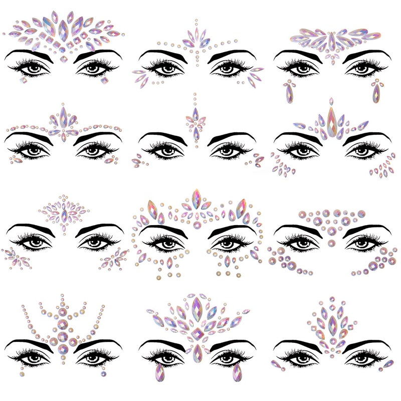 SIQUK 12 Sets Face Jewels Noctilucent Face Gems Luminous Mermaid Temporary Tattoo Stickers Acrylic Face Crystal Stickers for Party Rave Festival - Image 1