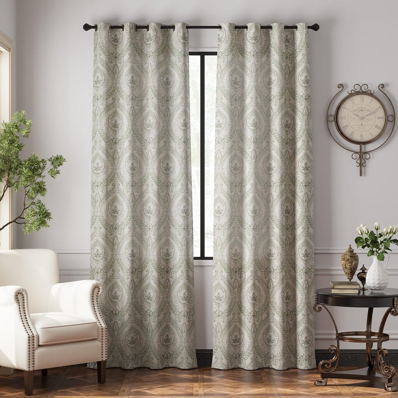 jinchan Linen Textured Curtains for Living Room Darkening 90 Inch Length, Medallion Drapes for Bedroom, Damask Pattern Window Treatments Vintage Curtain Panels, 2 Panels Sage Green on Greige - Image 2