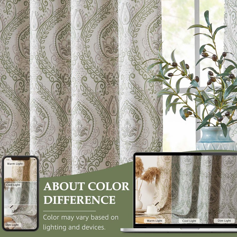 jinchan Linen Textured Curtains for Living Room Darkening 90 Inch Length, Medallion Drapes for Bedroom, Damask Pattern Window Treatments Vintage Curtain Panels, 2 Panels Sage Green on Greige - Image 3