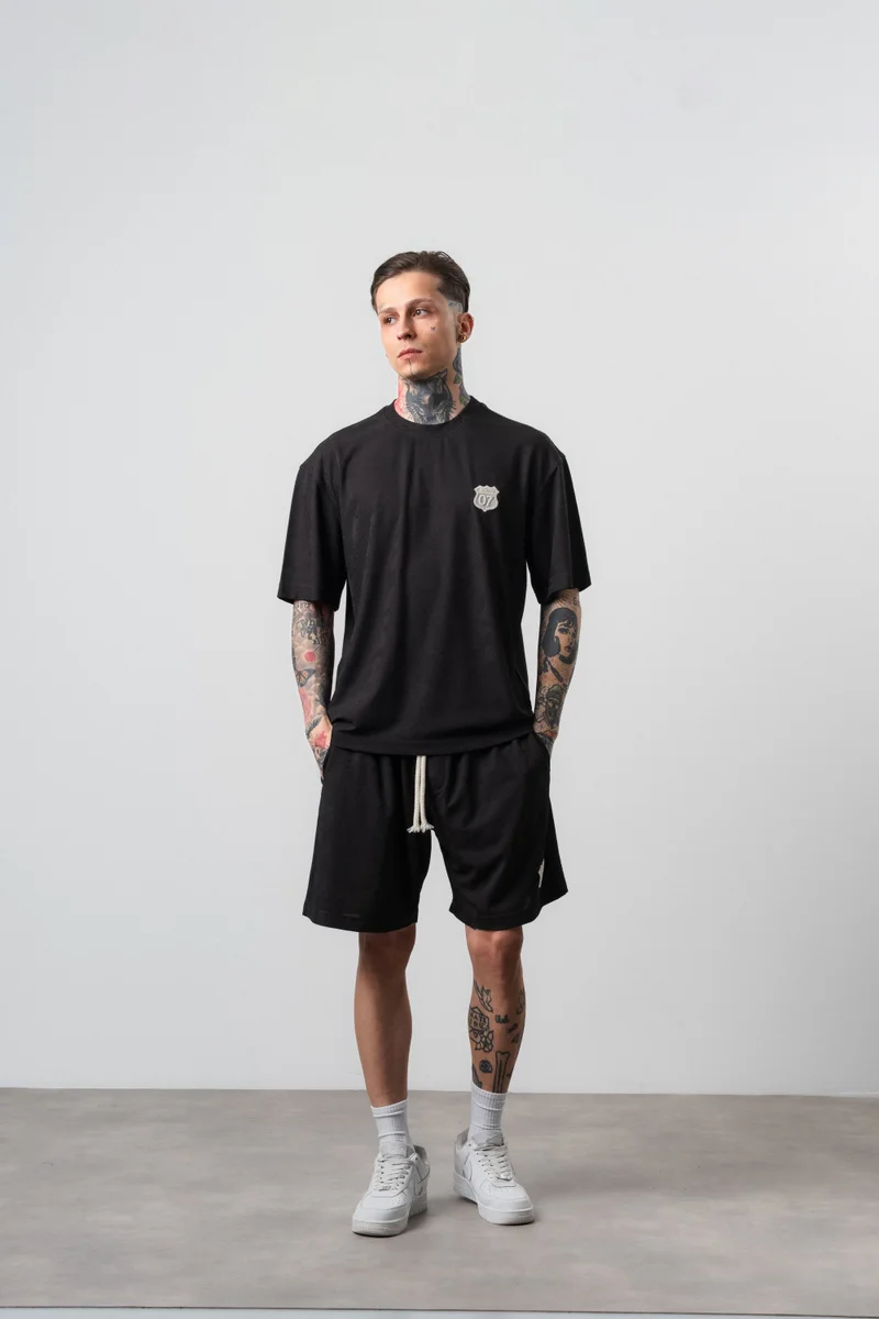 Respire Men's Route 07 Emblem Detail Regular Fit T-Shirt and Shorts Set, Black