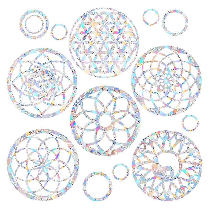 SHAWULA 18PCS Mandala Window Clings AntiCollision Decals to Save Birds from CollisionsNon Adhesive Prismatic Vinyl Window Clings Rainbow Stickers
