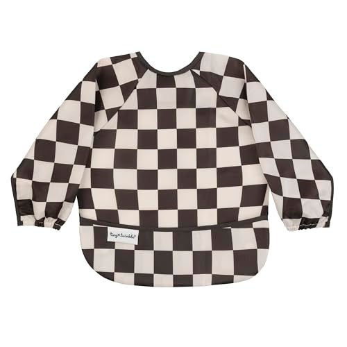 Tiny Twinkle Long Sleeve Bib for Babies & Toddlers – Waterproof Smock Bib for Eating – Machine Washable & Mess-Proof, Baby Feeding Essential & Shower Must-Have(Checkers Black, 6–24M) - Image 1