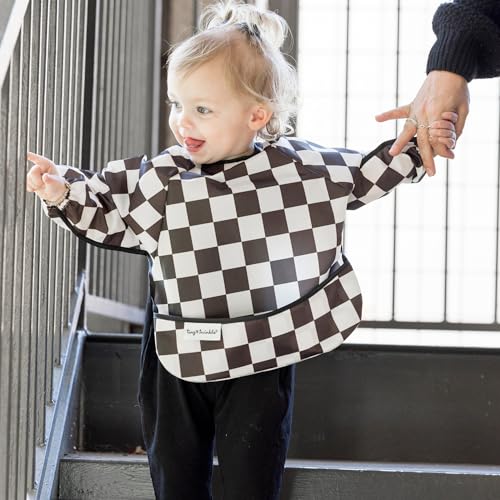 Tiny Twinkle Long Sleeve Bib for Babies & Toddlers – Waterproof Smock Bib for Eating – Machine Washable & Mess-Proof, Baby Feeding Essential & Shower Must-Have(Checkers Black, 6–24M) - Image 3