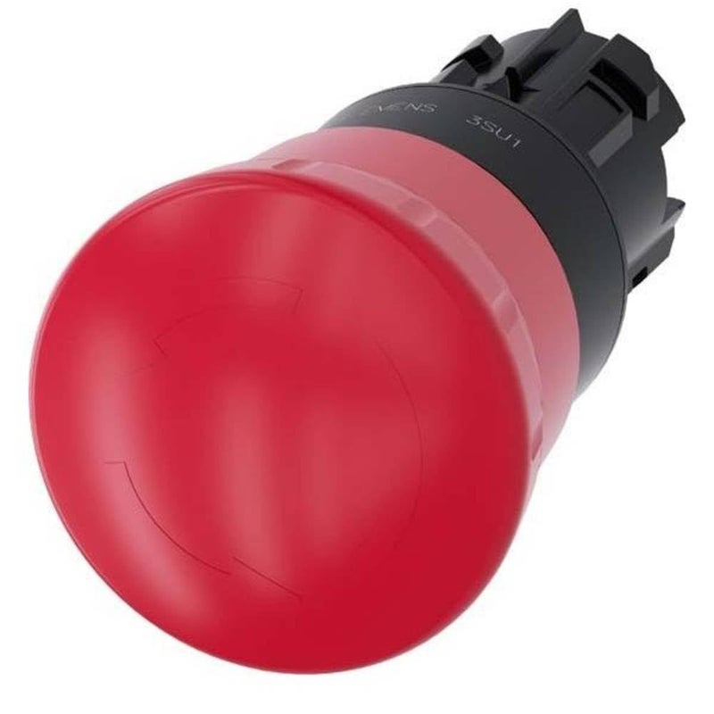 SIEMENS 3SU10001HB200AA0  SIEMENS EM Stop MUSH PB 22MM Round Plastic RED 40MM Positive Latching Rot to UNLATCH - Image 1