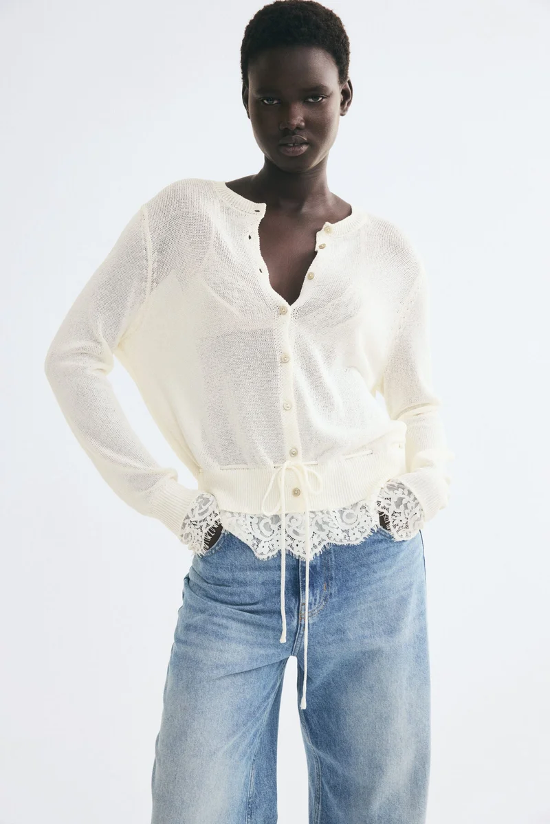 H&M Lace-trimmed tie-detail cardigan