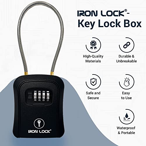 Iron Lock® Key Lock Box Portable and Wall Mounted with Removable Cable Shackle Outdoor Waterproof 4 Digit Combination with Resettable Code with A B Switch Key Lockbox for Outside (Medium, Black) - Image 4