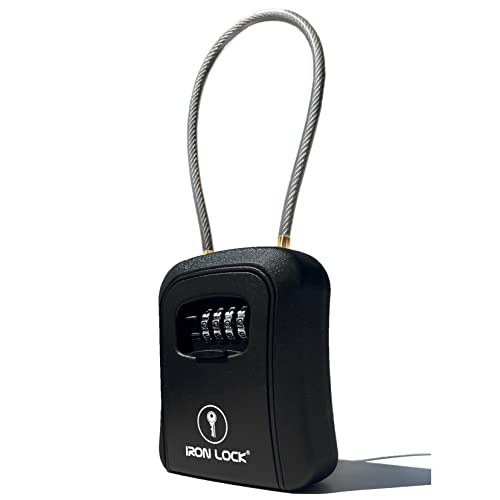 Iron Lock® Key Lock Box Portable and Wall Mounted with Removable Cable Shackle Outdoor Waterproof 4 Digit Combination with Resettable Code with A B Switch Key Lockbox for Outside (Medium, Black) - Image 1
