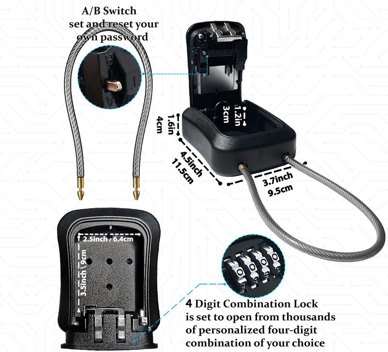 Iron Lock® Key Lock Box Portable and Wall Mounted with Removable Cable Shackle Outdoor Waterproof 4 Digit Combination with Resettable Code with A B Switch Key Lockbox for Outside (Medium, Black) - Image 2