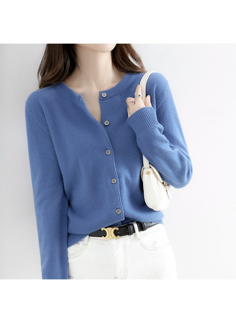 Generic - Spring Autumn Winter Knitted Cardigan Womens Round Neck Wool-Like Sweater Versatile Solid Color Cropped Loose-Fit Pullover Denim Blue - Image 1