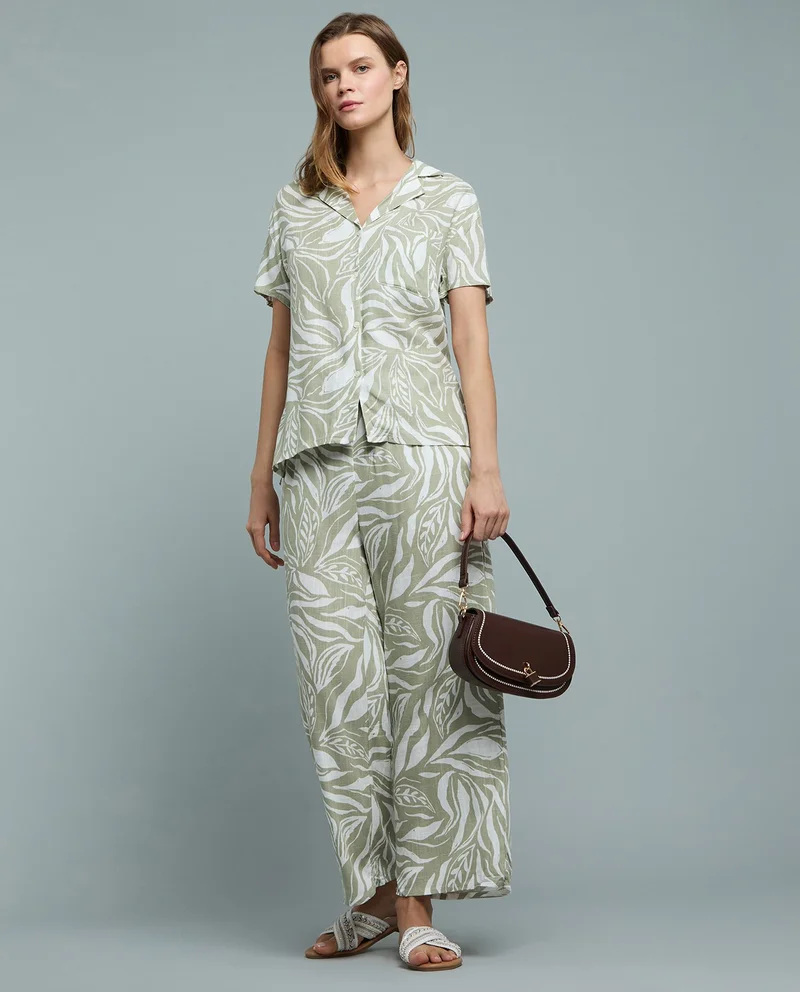 أر أند بي Patterned Linen Wide Leg Pants with Drawstring Waist