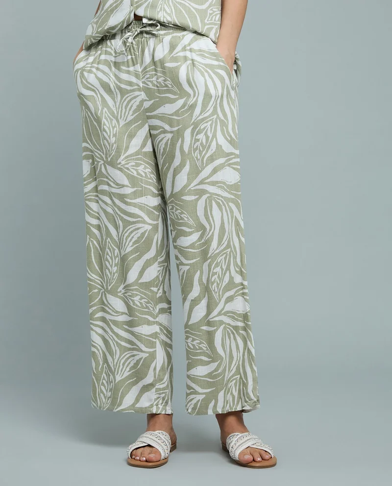 أر أند بي Patterned Linen Wide Leg Pants with Drawstring Waist