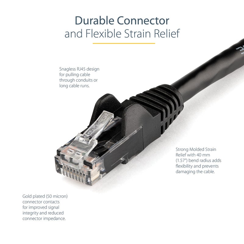StarTech.com 75ft CAT6 Ethernet Cable - Black CAT 6 Gigabit Ethernet Wire -650MHz 100W PoE RJ45 UTP Network/Patch Cord Snagless w/Strain Relief Fluke Tested/Wiring is UL Certified/TIA (N6PATCH75BK) - Image 3