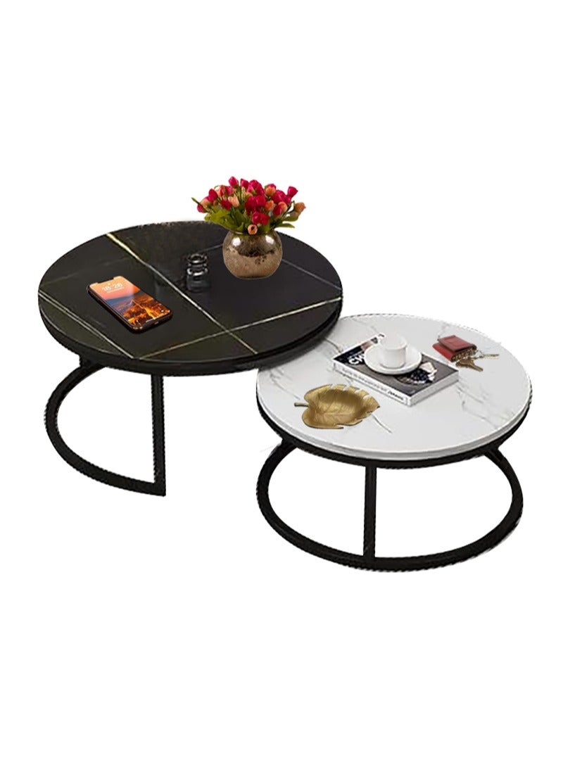 إيه جي دي مجموعة طاولات من قطعتين، طاولات قهوة مستديرة متداخلة للتخزين مع رف مفتوح بتصميم رخامي بسيط لغرفة المعيشة والمكتب مقاس 70×70×45 سم - Image 1