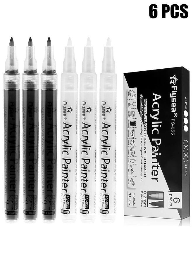 Flysea Paint Pens White Black Marker, 6 Pack 0.7mm Acrylic Black Permanent Marker ,White Paint Pens for Rock Painting Stone Ceramic Glass Plastic Glass Metal Canvas Water-based Extra Fine Point - Image 1