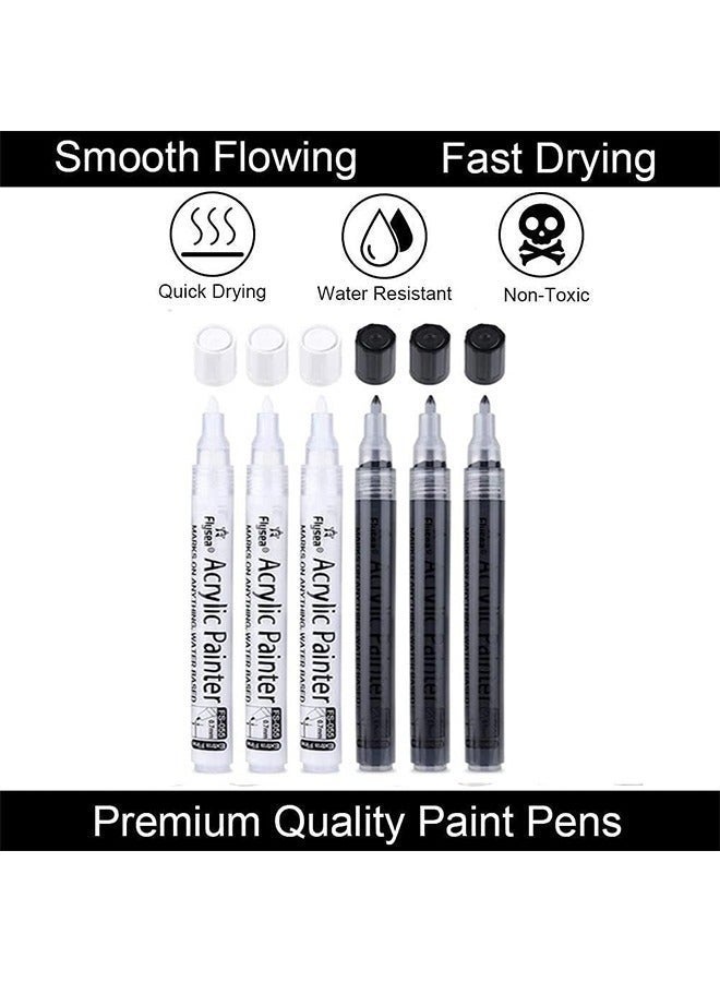 Flysea Paint Pens White Black Marker, 6 Pack 0.7mm Acrylic Black Permanent Marker ,White Paint Pens for Rock Painting Stone Ceramic Glass Plastic Glass Metal Canvas Water-based Extra Fine Point - Image 2