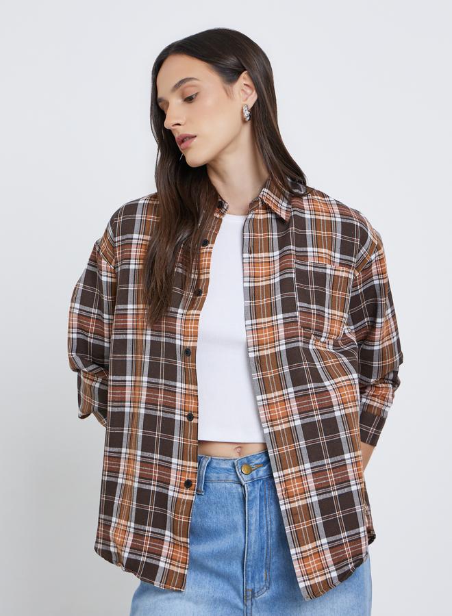 ستايلي بلوزة بطبعة مربعات مع تفاصيل جيب - Image 1