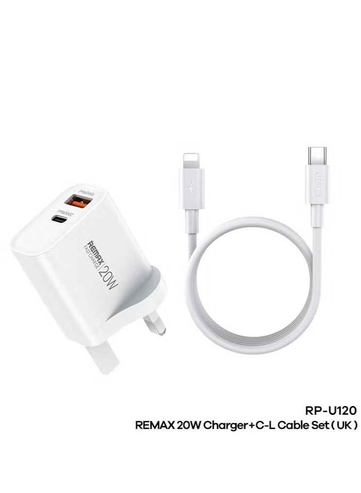 ريماكس شاحن حائط سريع 20 وات بمنفذين USB مع كابل USB C إلى Lightning بطول 1 متر متوافق مع iPhone 14/14 Pro/14 Pro Max/13/12/SE/11/XR/XS Max/X/iPad أبيض - Image 1