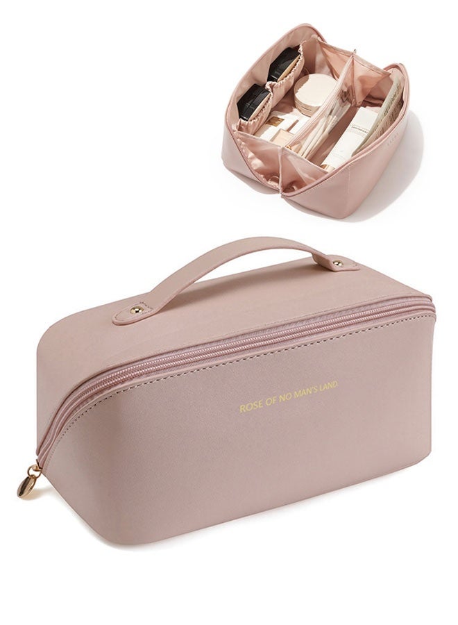 حقيبة مكياج سفر كبيرة للنساء مضادة للماء - منظمة مستلزمات طهارة معتمدة للعمرة، تنفتح بشكل مسطح مع مقبض وأقسام داخلية (مهيأة للحج، وردي ترابي) - Image 1