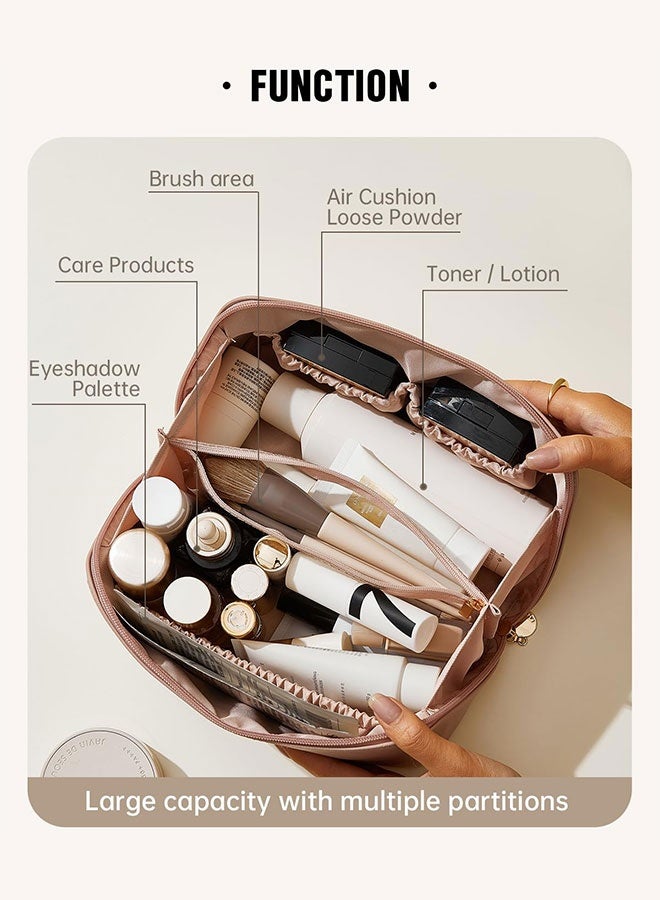 حقيبة مكياج سفر كبيرة للنساء مضادة للماء - منظمة مستلزمات طهارة معتمدة للعمرة، تنفتح بشكل مسطح مع مقبض وأقسام داخلية (مهيأة للحج، وردي ترابي) - Image 2